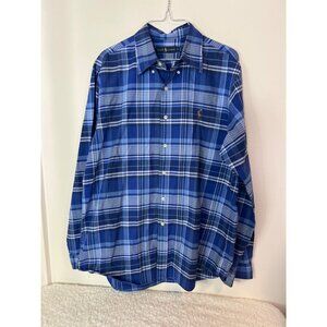 Ralph Lauren Button Down Long Sleeve Shirt L Large Blue Plaid Brown pony